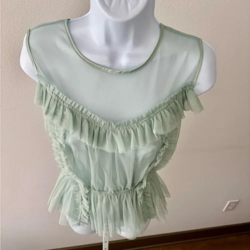 H & M Top 12 Mesh Peplum Green Ruffle Tulle Romantic Cottagecore Victorian Fairy - Picture 11 of 13